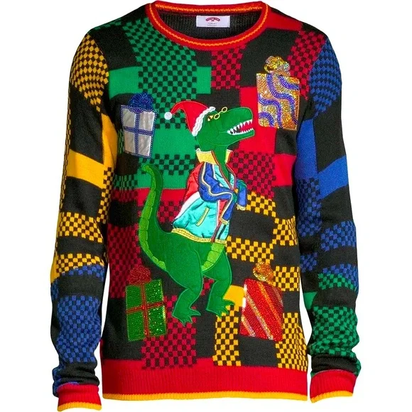 Holiday Time Men's Festive Dinosaur Sweater - Red, Green, Blue, Yellow - Picture 1 of 6